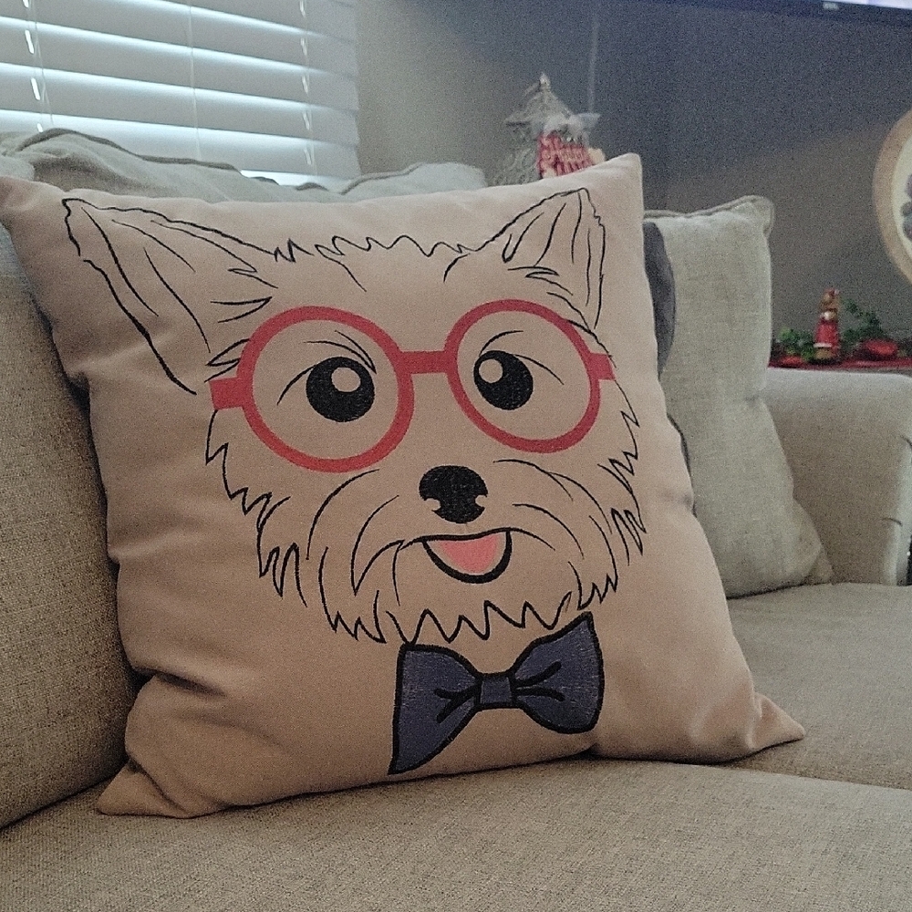 Charming Dog Print Pillow with Red Glasses and Blue Bow Tie